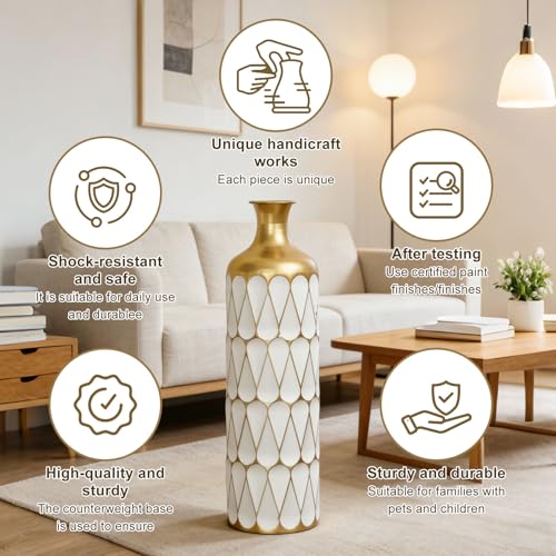 Tall Floor Vases Set of 3 for Decor Living Room Floor, White and Gold Vases Home Decor, Embossed Body Pattern, 31.5" H/27.17" H/22.83" H Geometric Cylinder (Gold 7) - color: Gold 7