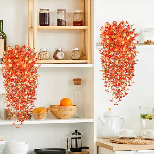 Hrobek Artificial Fall Hanging Flowers for Decoration, 2pcs Long Vine Fake Flowers Plants Morning Glory, Realistic Faux Petunias for Planter Patio Porch Garden Autumn Outdoors Dec, Orange Sunset - color: Z-orange Yellow