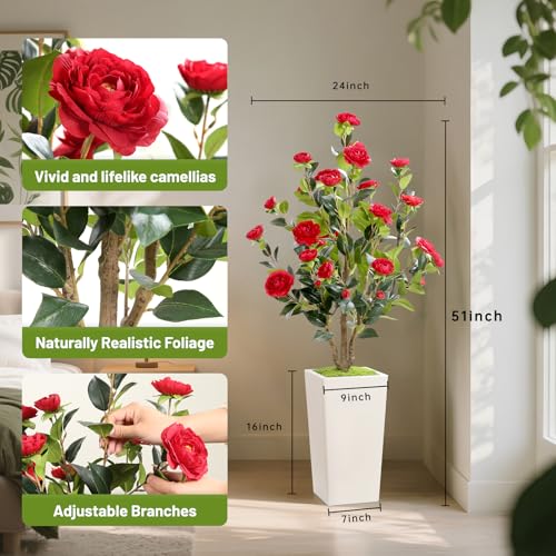 Romantic Season 4FT Artificial Camellia Tree with White Tall Planter, Red Faux Camellia Plant Flower Tree for Modern Home Office Living Room Floor Décor Outdoor Indoor，Red - color: Red