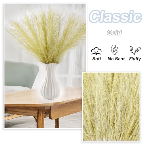 Golden Pampas Grass Small, 30 Pcs 17" Faux Pampas Grass Short Decor, Pompas Grass Flower Arrangement and Vase Filler for Boho Home Wedding Decoration - color: Golden, size: 17'' Tall