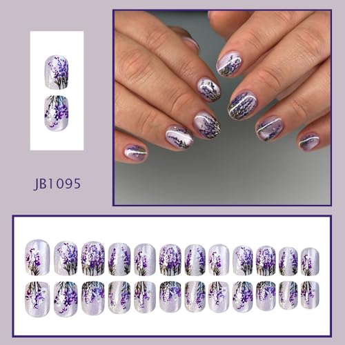 24Pcs Cat Eyes Press on Nails Short Square Flower Nails Press ons Purple Fake Nails with Lavender Designs False Nails Gel Artificial Acrylic Nail Extra Short Fingernail Stick on Nails for Women