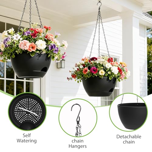 8 Inch Hanging Planters for Indoor Outdoor Plants, 4 Pack Black Plastic Self Watering Hanging Baskets with Drainage Holes and Chain for Garden Porch - color: Black