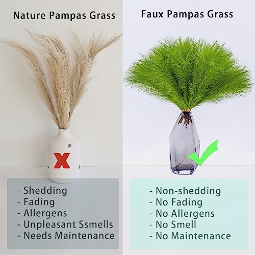 Faux Pampas Grass Decor - 10 Stems 17.7" Artificial Pampas Grass Bouquet Small Pompas Floral Arrangement and Vase Filler for Boho Home Wedding Mothers Day Decoration（Green） - color: Grass Green