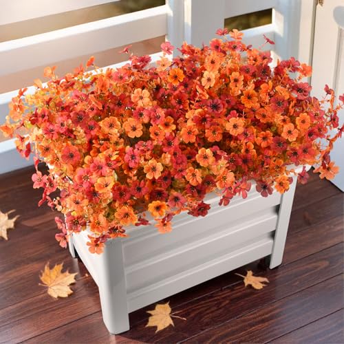 Artificial Fall Flowers for Outdoor, 12 Bundles 4 Colors Faux Mums Fake Fall Plants for Decoration, UV Resistant No Fade Silk Plastic Flower for Autumn Porch Patio Planters Windowbox Yard Garden - color: Orange Autumn Red