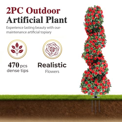 PATIO CHOICE 3ft Artificial Topiary Spiral Trees with Rose Set of 2 36" High End Outdoor Faux Plants Realistic Faux Bushes and Shrubs Decorations for Outdoor Front Porch Garden - color: Spiral Rose, size: 3ft