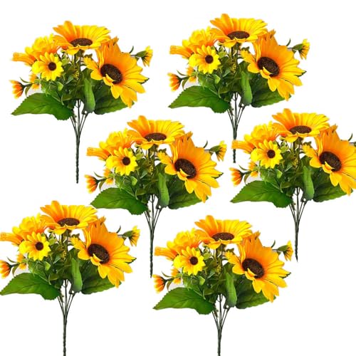 6pcs Artificial Flowers Sunflowers Plastic Artificial Plants with Stems for Wedding Bridal Shower Table Birthday Garden Decor Outdoor UV Resistant Fake Plants