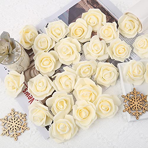 Artificial Rose Flower Heads, 100pcs Cream Yellow Roses Artificial Flower Foam Rose for DIY Wedding Bouquets Centerpieces Arrangements Party Baby Shower Home Decor (Stemless,Cream Yellow) - color: Cream Yellow, size: 100PCS