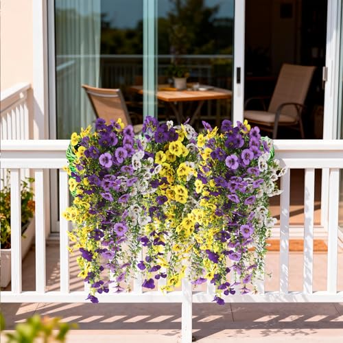 Fake Artificial Flowers for Outdoors, 4 Pcs Faux Hanging Pansy Flowers Spring Summer Decor, UV Resistant Fake Plants Silk Flower for Planter Front Door Porch Patio Yard Garden(Purple Yellow White) - color: Double Purple,white,yellow