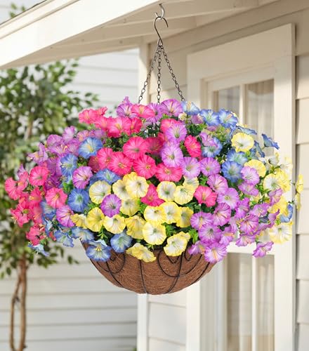 Artificial Fake Hanging Flowers Baskets for Outdoors Faux Plants Spring Outside Decor, UV Resistant Silk Morning Glory Flowers in Planter Realistic Petunias for Outdoor Porch Patio Garden Yard Home - color: B 4 Multicolor