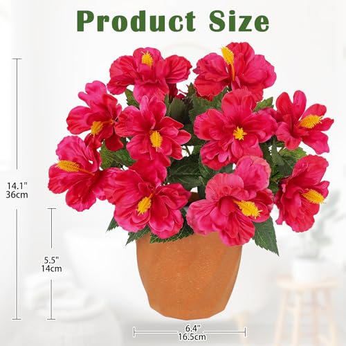 Briful Artificial Hibiscus Flowers in Pot, 14.1" Faux Tropical Flower Plant for Outdoor Porch, Potted Hot Pink Hibiscus Tabletop Decor for Living Room, Dining Table, Office, Indoor Home Décor - color: 14'' Hot Pink