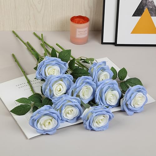 15pcs Fake Roses Artificial Silk Flowers Faux Rose Flower Long Stems Bouquet for Arrangement Wedding Centerpiece Party Home Kitchen Decor - color: 15pcs Light Delphinium Blue