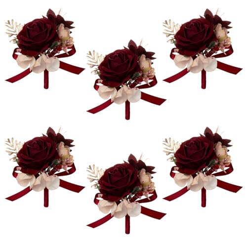 AuroraAria Burgundy Boutonniere for Men,Set of 6,Groom Boutonniere for Wedding,Anniversary,Homecoming,Formal Dinner Party,Wedding Decor,Artificial Red Rose - color: Burgundy