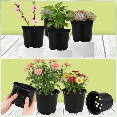 Augshy 110 Pcs 5 Inch Black Plastic Plant Pots, Nursery Pots for Succulents Seedlings, Small Plant Pots with Drainage Holes, Plastic Garden Pots for Home Gardening - size: 5 Inches