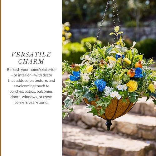 Balsam Hill Outdoor Summer Breeze Spring & Summer Hanging Basket - 26" Premium UV-Protected Artificial Outdoor Flowers for Porch, Patio, & Garden - color: Summer Breeze