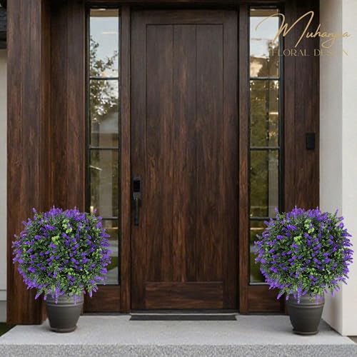 Muhanjia Artificial Boxwood Topiary Ball with Lavender,Set of 2,UV Resistant Artificial Shrub Bushes with Ground Spike,Fake Evergreen Plant Easy to Insert in Ground for Porch Outdoor Indoor (Lavender) - color: Lavender