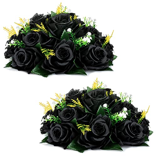 NUPTIO Black Artificial Roses Flowers: Fake Flower Bouquet Halloween Decorations - 15 Heads Artificial Rose Centerpieces with Base for Gothic Wedding Party Table Decor 2 Pcs - color: Black, size: 2 Pcs