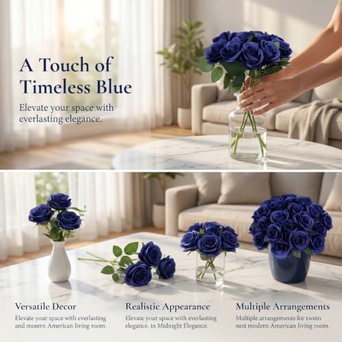 52pcs Navy Blue Roses Artificial Flowers Fake Flowers Silk Roses with Stems for DIY Wedding Bouquets Bridal Shower Centerpieces Arrangements Party Decorations - color: Navy Blue