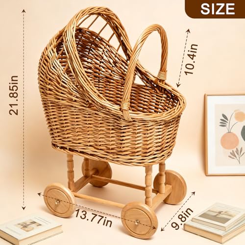 Vintage Wicker Baby Carriage Decor，Woven Rattan Stroller Flower Basket Cart for Wedding Centerpieces, Baby Shower Party Supplies & Nursery Floral Arrangement Props Floral Rustic Home Decor - color: Large-1