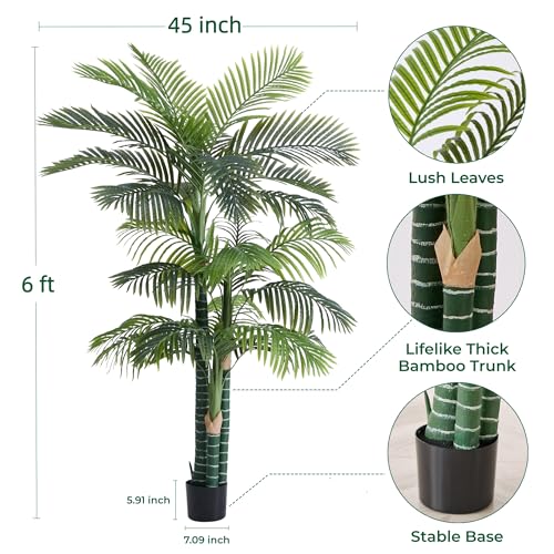 6FT Tall Triple Golden Cane Palm Tree (1 Pack), Large Faux Plants, UV Resistant Indoor/Outdoor Fake Plant in Black Cement Pot - Realistic Tropical Decor for Patio, Living Room, Office - color: 6ft Golden Cane Palm - 1 Pack, size: 6ft