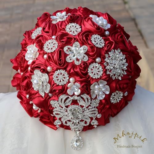 Bridal Wedding Bouquet Round Bling Brooch Bouquet Artificial Rose Flower Bunch for Bride Bridesmaid Wedding Quinceanera(Ruby Red, 8.7") - color: Ruby Red*, size: Medium (Dia. 8.7"/22cm)
