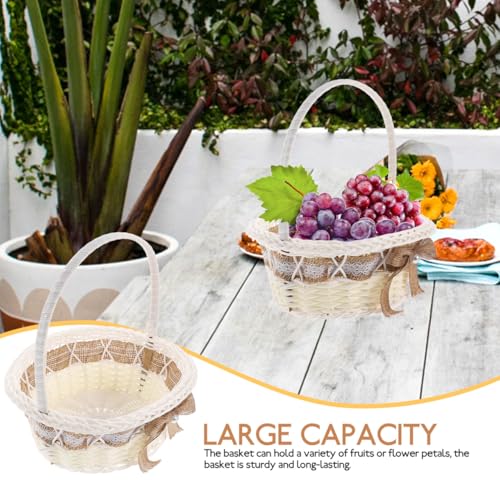 Flower Girl Basket for Wedding Rustic Handle Basket with Lace Design Hand-Woven Imitation Rattan Petal Holder for Ceremony Party Decor Photo Prop 8.26 X 7.08 X 7.08 in 1 Pc