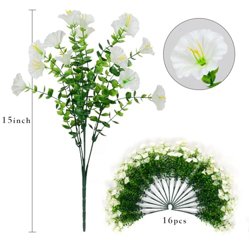 LikSoor 16 Bundles Artificial Flowers Outdoor Spring Summer Decoration Fake Silk Colorful Daisy Eucalyptus Realistic UV Outside Faux Plants for Garden Porch Window Box Home Decor Morning Glory White - color: Morning Glory White