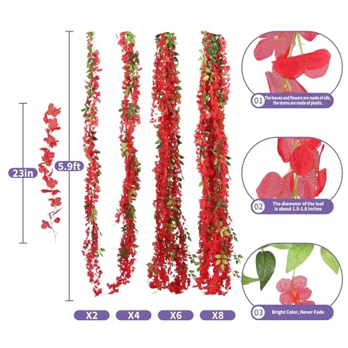 ARTKAIKE Artificial Flowers Garland for Home Decor, Fake Wisteria Vine Silk Hanging Plant Flower for Room Bathroom Wall Kitchen Bedroom Garden Outdoor Wedding Decor (4, Red) - color: Red