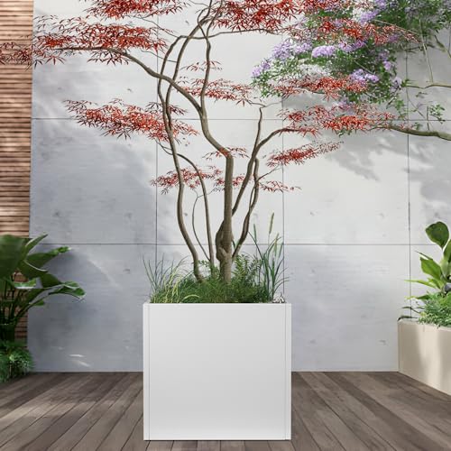 White Steel Planter Square Outdoor Planters Galvanized Steel Planter Box 26 Inch Indoor Metal Large Planters Cube Heavy Duty Planter Modern Commercial Residential for Trees Patio Yard Garden - color: White, size: 26" L x 26" W x 26" H