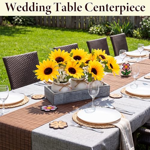 AceOrbit 3 Pcs Artificial Sunflower Potted Plants with Light Grey Wood Tray Farmhouse Faux Sunflowers for Kitchen Table Centerpieces Fake Yellow Flowers in Rustic Pots for Dining Home Bathroom Wedding - style: Weathered