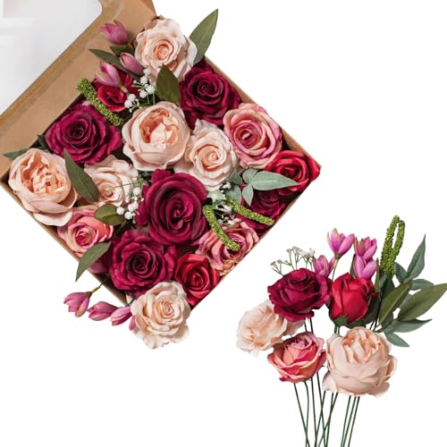 FANKO Artificial Flowers for DIY Bouquet, Burgundy Pink Champagne Faux Rose, Fake Flower Rose Peony for Vase, Floral Arrangement, Centerpieces, Wedding, Home Decor, Party Decoration - color: Light Shimmer Peach & Burgundy (Deluxe)