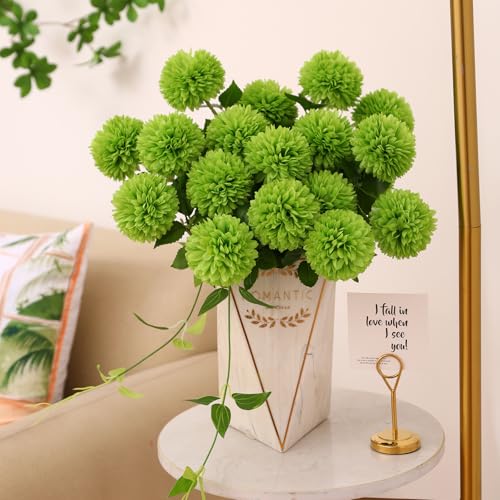 Floweroyal 24pcs Green Flowers Artificial Chrysanthemum Ball Silk Hydrangea Flowers Bridal Wedding Bouquet for Home Garden Party Office St Patricks Day Decor - color: Green-24pcs