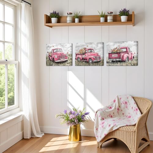 sechars Truck Wall Art Canvas Vintage Farmhouse Decor Faith Hope Love Floral Painting Prints (Pink) - color: Pink