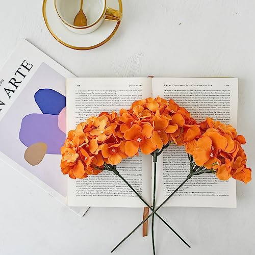 ONLY ART Orange Silk Hydrangea Flower Heads 10 Pcs with Removable Stems 12.5" Faux Flowers for Home, Wedding & Event Décor