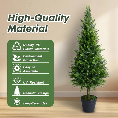 2 Packs of Fake Cypress Plants with Lights, 4FT Artificial Cedar Pruning Tree, with Flowerpot, UV Resistant Artificial shrubs, Suitable for Outdoor and Indoor Front Porch Gardens - size: 4FT Cypress Plants