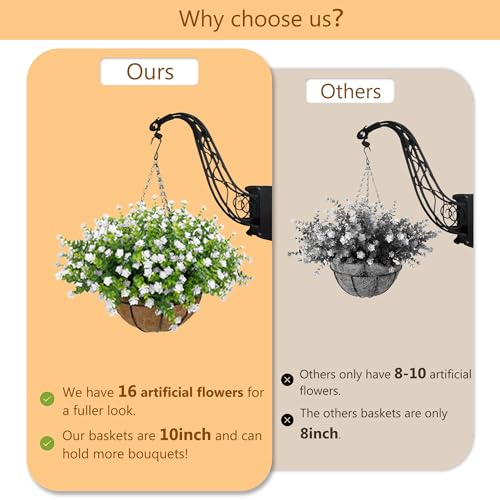 NETAP Artificial Hanging Flowers Basket for Outdoor, 16 Fake Flowers Look Real UV Resistant, Faux Hanging Plants for Porch, Balcony, Patio, Garden, Spring Summer Decor,White - color: White