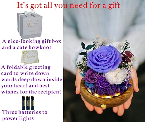 Valley of Rain & Forest Long-Lasting Real Flowers With Delivery | Unique Floral Gift For You to Send Love for All Occasions, Aesthetic Home Decor (Forever Preserved Violet Rose Arrangement) - color: Violet Rose, Purple rose, White Austin Rose