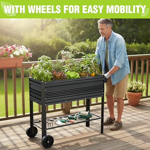 WORKPRO Galvanized Raised Garden Bed with Legs & Wheels, 37x14.6x31.6in, 400LB Capacity Elevated Planter Box for Garden, Backyard, Patio & Deck, Black