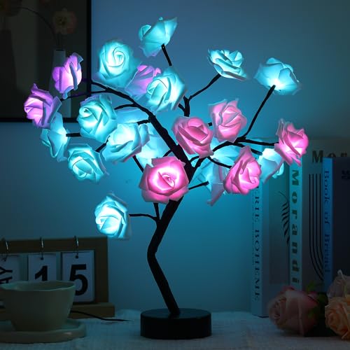 Drawelry Rose Flower Tree Lamp - LED Rose Tree Table Lamp USB/Battery Powered Artificial Bonsai Flower Night Light for Bedroom Living Room Party Wedding Valentines Mothers Day Decor (White) - color: White