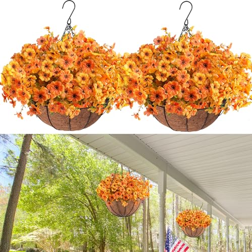 Orgrimmar 2pcs Artificial Fall Mums Hanging Basket Fake Flower Plant Orange | UV Resistant Realistic Silk Mums & Eucalyptus, Coconut Lining Baskets for Home Porch Balcony Patio Yard - color: Orange