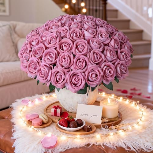 50 PCS Dusty Roses Artificial Flowers, Fake Roses with Stem Realistic Silk Roses for DIY Wedding Bouquets Tables Centerpieces Arrangements Baby Shower Birthday Home Decor Valentine's Day Gift for Her - color: Dusty Rose