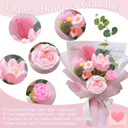 Crochet Flowers Bouquet, Handmade Crochet Rose Bouquet Pink,Knitted Flowers,Crochet Flowers Rose Tulip Lily of The Valley for Home Decor,Birthday,Valentine's Day, for Mom - color: Pink - Rose Tulips&lily of the Valleys