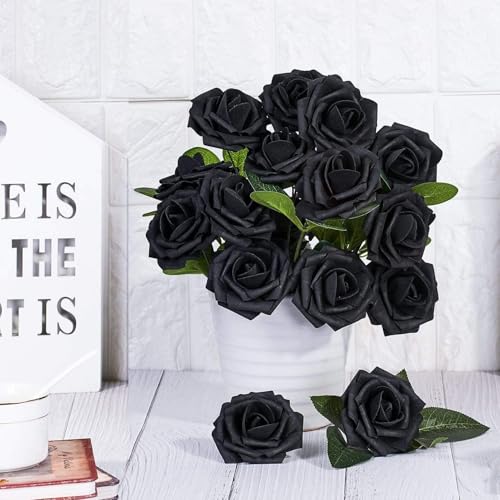 Higfra Artificial Flowers 50 Stems Realistic Roses - Lifelike Fake Flowers for Wedding Bouquets, Baby Shower Decor, Home Centerpieces, DIY Floral Arrangements (Black, 50pcs) - color: Black, size: 50Pcs