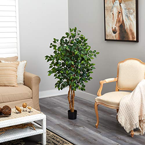 Nearly Natural 4ft Triple Trunk Ficus Silk Tree with Natural Wood Trunks and Dense Foliage, Mid-Size Faux Floor Plant for Home and Office - size: 4ft, style: Tree in Pot