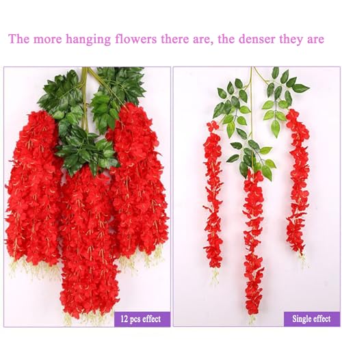 24pcs Wisteria Hanging Flowers,3.6 FT Fake Wisteria,Artificial Wisteria Hanging Flowers Wisteria Garland Arch Silk String for Wedding Garden Party Outdoor Home Wall Decoration (24pcs red)