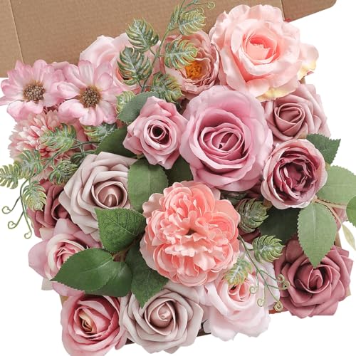 Artificial Flowers Combo Dusty Pink Silk Fake Flower for DIY Wedding Bridal Bouquets Floral Arrangement Birthday Cake Table Centerpieces Baby Shower Graduation Ceremony Party Home Decor - color: Dusty Pink