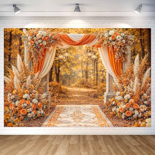 5X3ft Floral Photography Backdrop, Retro Flowers Backdrop Dreamlike Wedding Portrait Photo Background Romantic Wedding Birthday Bridal Shower Engagement Party Background Banner Decor, Orange-3 - color: Orange-3, size: 5x3ft