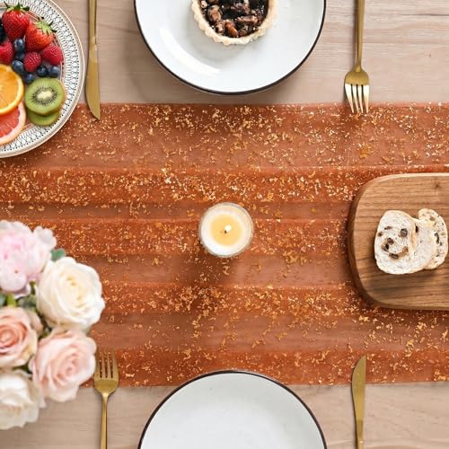 Artoid Mode Caramel Gold Gauze Table Runner 120 Inch 10FT, Glitter Metallic Foil Sheer Dining Wedding Anniversary Birthday Table Decor for Home Party - color: Caramel, size: 28" x 120"