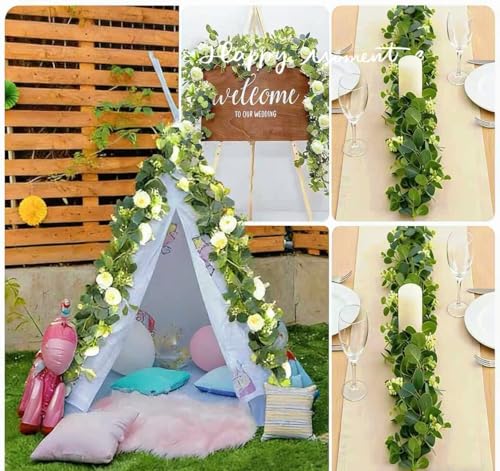 Greenery Garland with White Roses 2Pack: 5.9Ft Artificial Vines Hanging Eucalyptus Leaves for Wedding Arch Swag Backdrop Doorways Table Runner - size: 2pack-Rose
