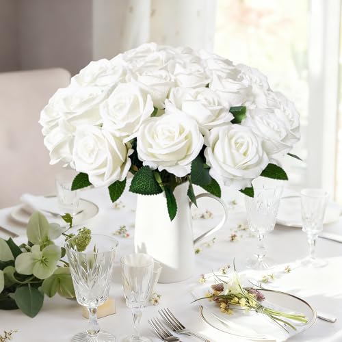 50Pcs White Roses Artificial Flowers with Stems，Fake Roses Bouquet Fake Flowers Bulk，Silk Velvet Roses for Wedding Centerpieces Arrangement Baby Shower Birthday Home Decor Gifts - color: White, size: 50