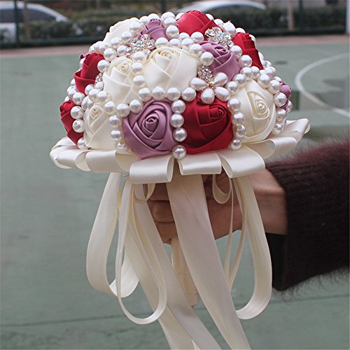 USIX Handcraft Popular Satin Rose Rhinestone Brooch Flower Pearl Bridal Holding Wedding Bouquet Wedding Flower Arrangements Bridesmaid Bouquet(Purple+Red) - color: Purple+red